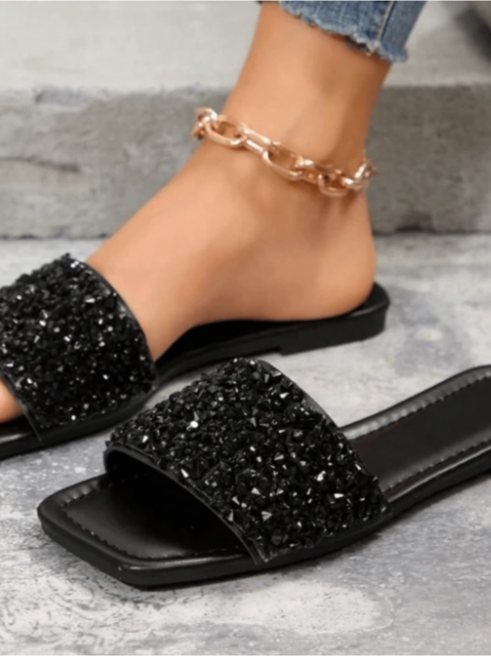 Women's Black Jeweled Slide Sandals